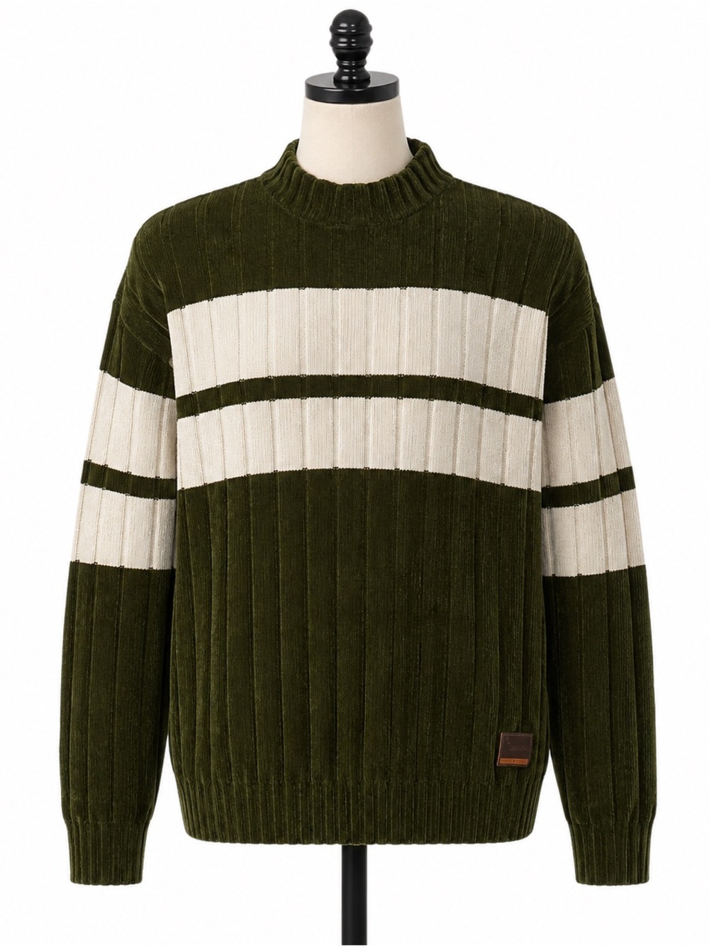 South Pole Olive Green and Cream Striped Crewneck Sweater